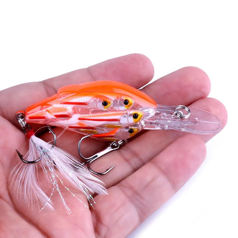 Fish feather design hard fishing bait lure measuring 7.5cm with floating construction for sea fishing