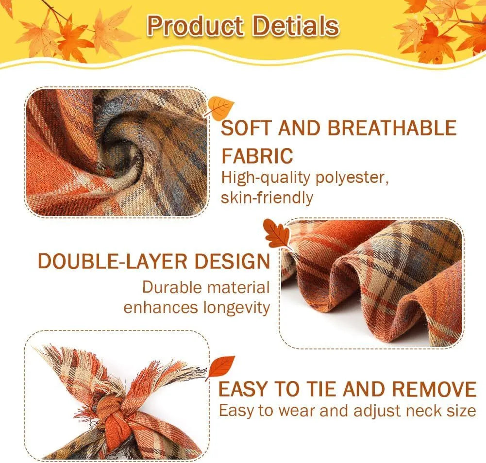 Classic plaid dog bandana with tassel edges in autumn colours of brown, green, orange, red, yellow.