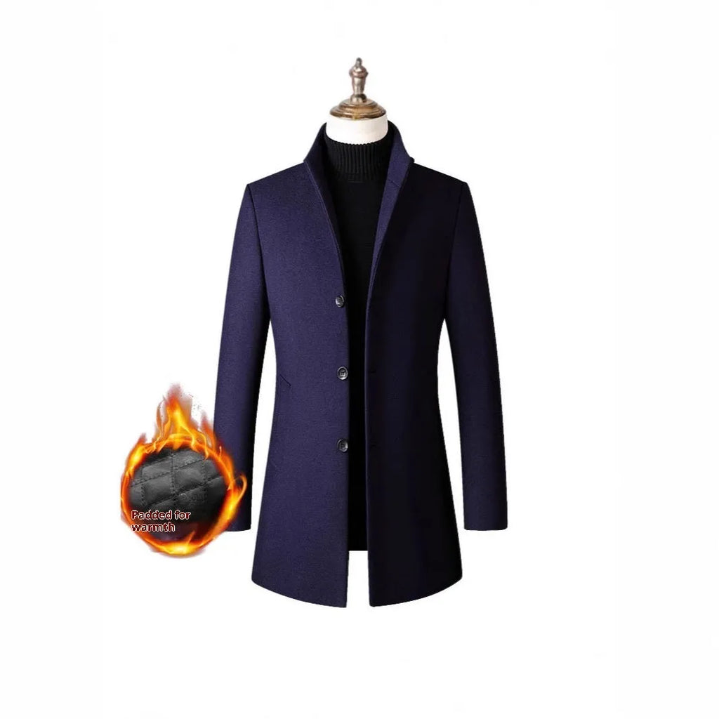 Men's single-breasted stand collar wool blend padded winter coat in solid colour, side seam pockets, S to 3XL sizes