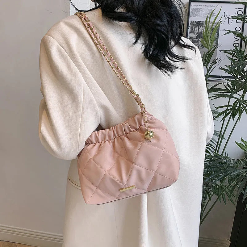 Fashion rhombus chain shoulder messenger bag in soft PU, horizontal square shape, single shoulder strap, available in black, blue, pink, white