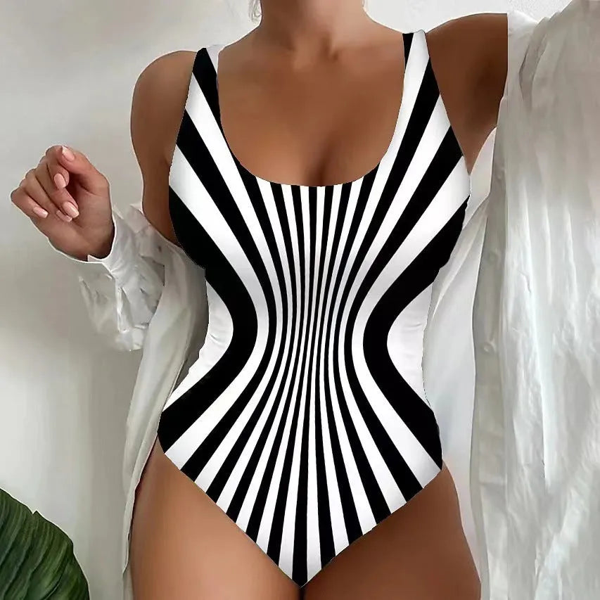 Sling one-piece striped printed swimsuit for women in fluorescent green, polyester fabric, S-5XL sizing