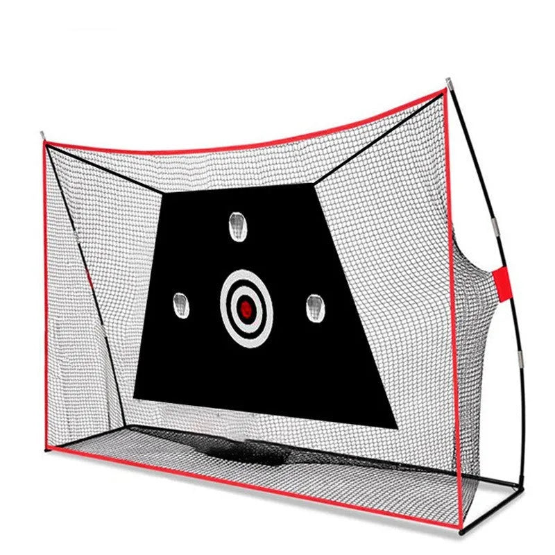 Golf swing wedge training net with 3-hole cross target and straw practice mat