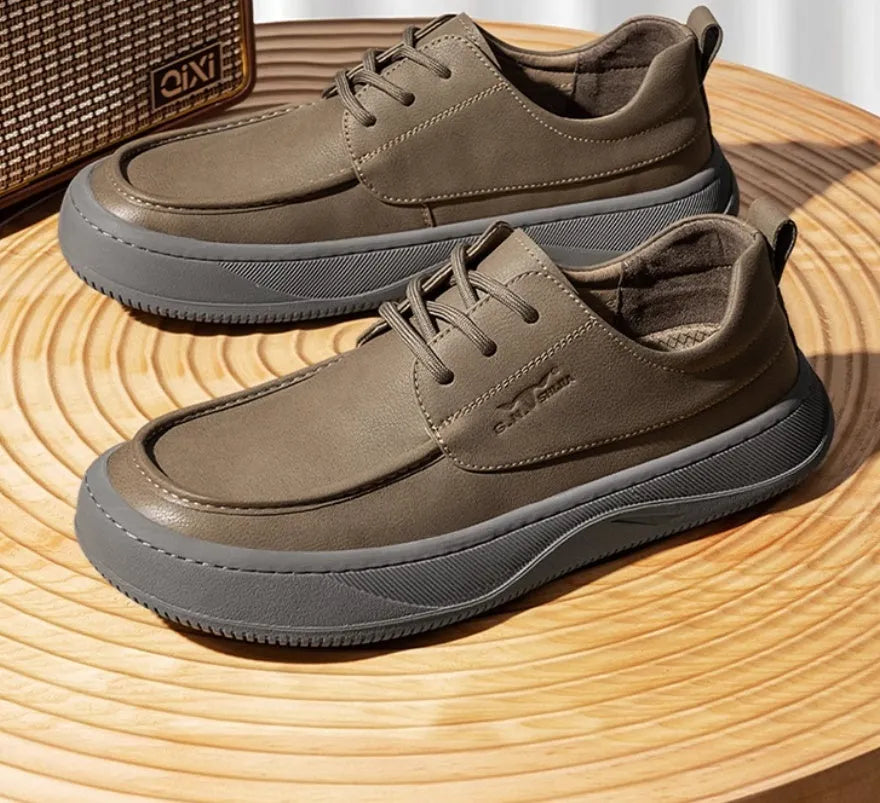 Men's brown retro-style leather casual shoes with a big toe design and visible stitching.