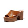 Summer casual retro chunky heel Roman sandals in genuine sheepskin leather, brown colour, side view