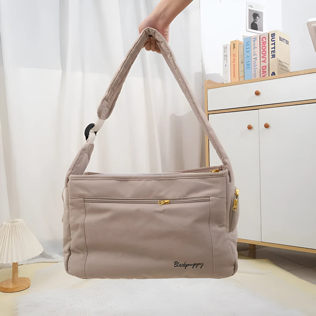 Large capacity soft surface messenger pet carrier bag in beige, 42x19x26.5cm, made from polyester spandex