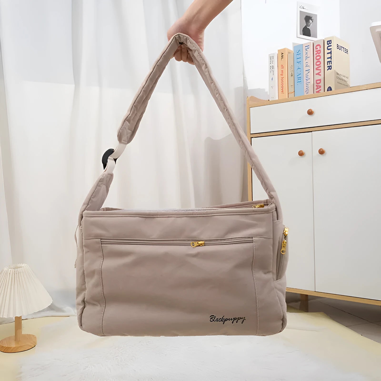 Large capacity soft surface messenger pet carrier bag in beige, 42x19x26.5cm, made from polyester spandex