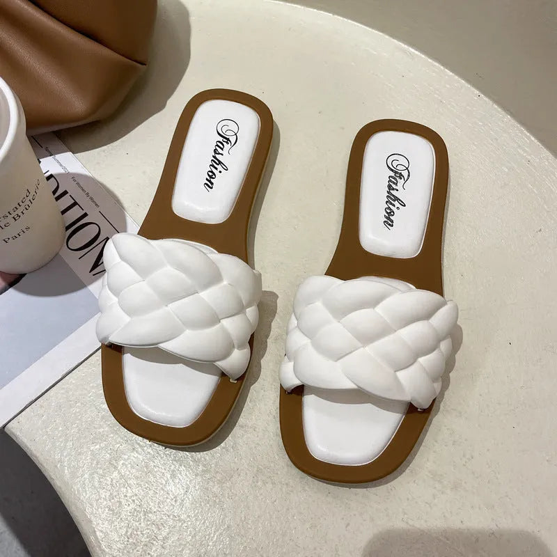 Women's PVC plaid beach sandals with a thick non-slip sole in black, green, orange, and white colour options.