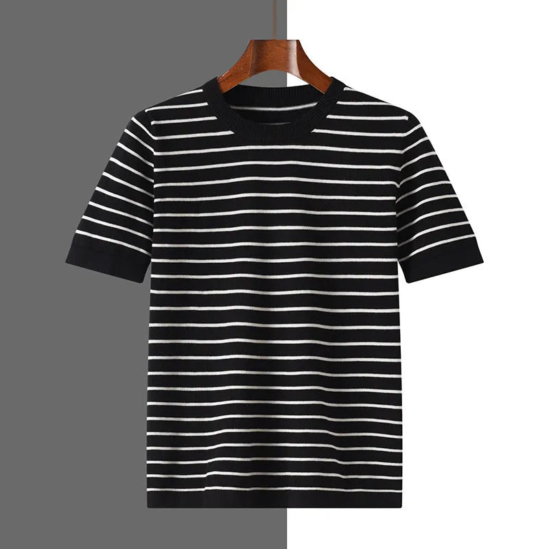 Men's pure cotton striped round neck short sleeve t-shirt in Gold Camel, Gray, and Black sizes S to XXXL
