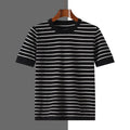 Men's pure cotton striped round neck short sleeve t-shirt in Gold Camel, Gray, and Black sizes S to XXXL