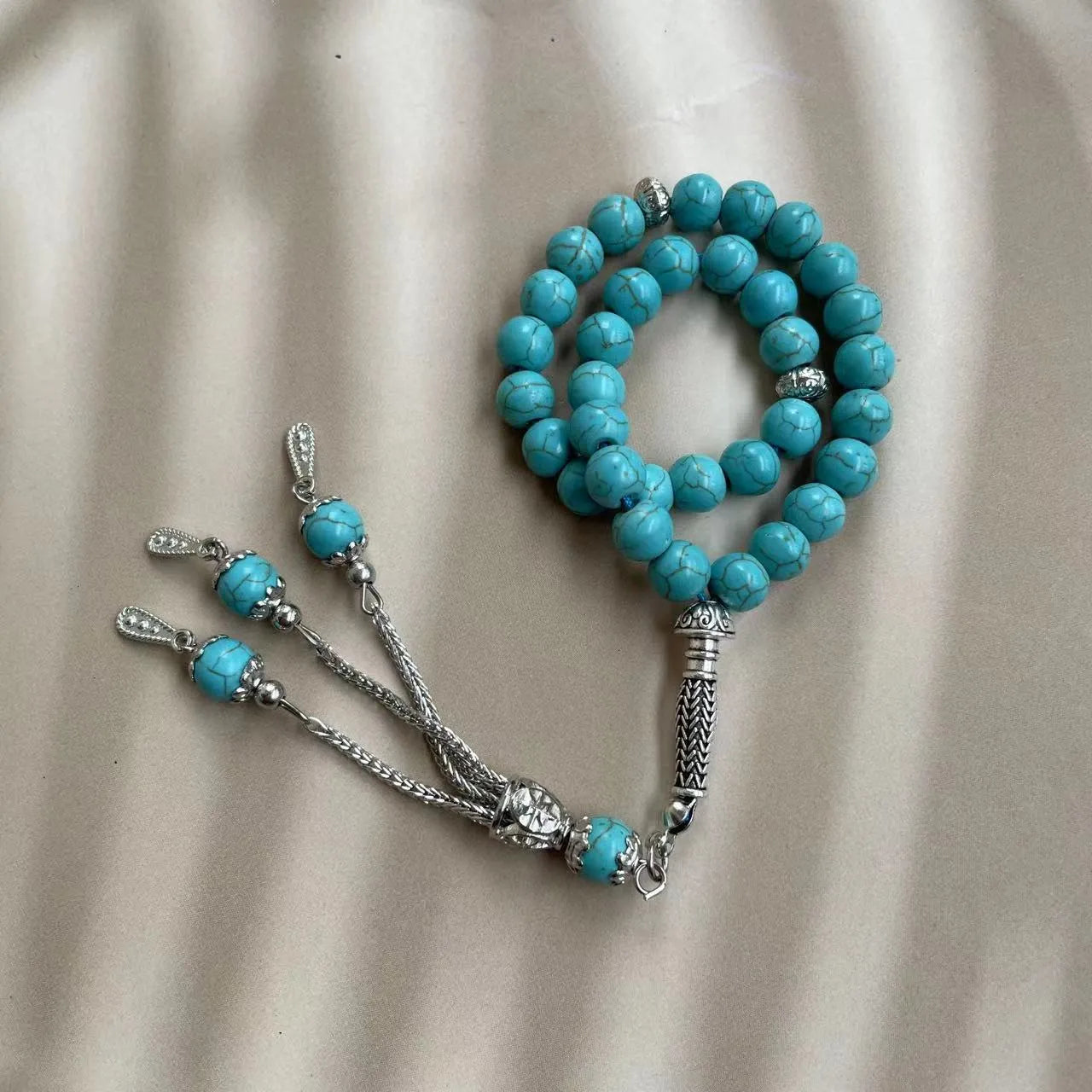 Handmade Muslim worship bracelet with 8mm sky blue stone beads for daily prayer and dhikr