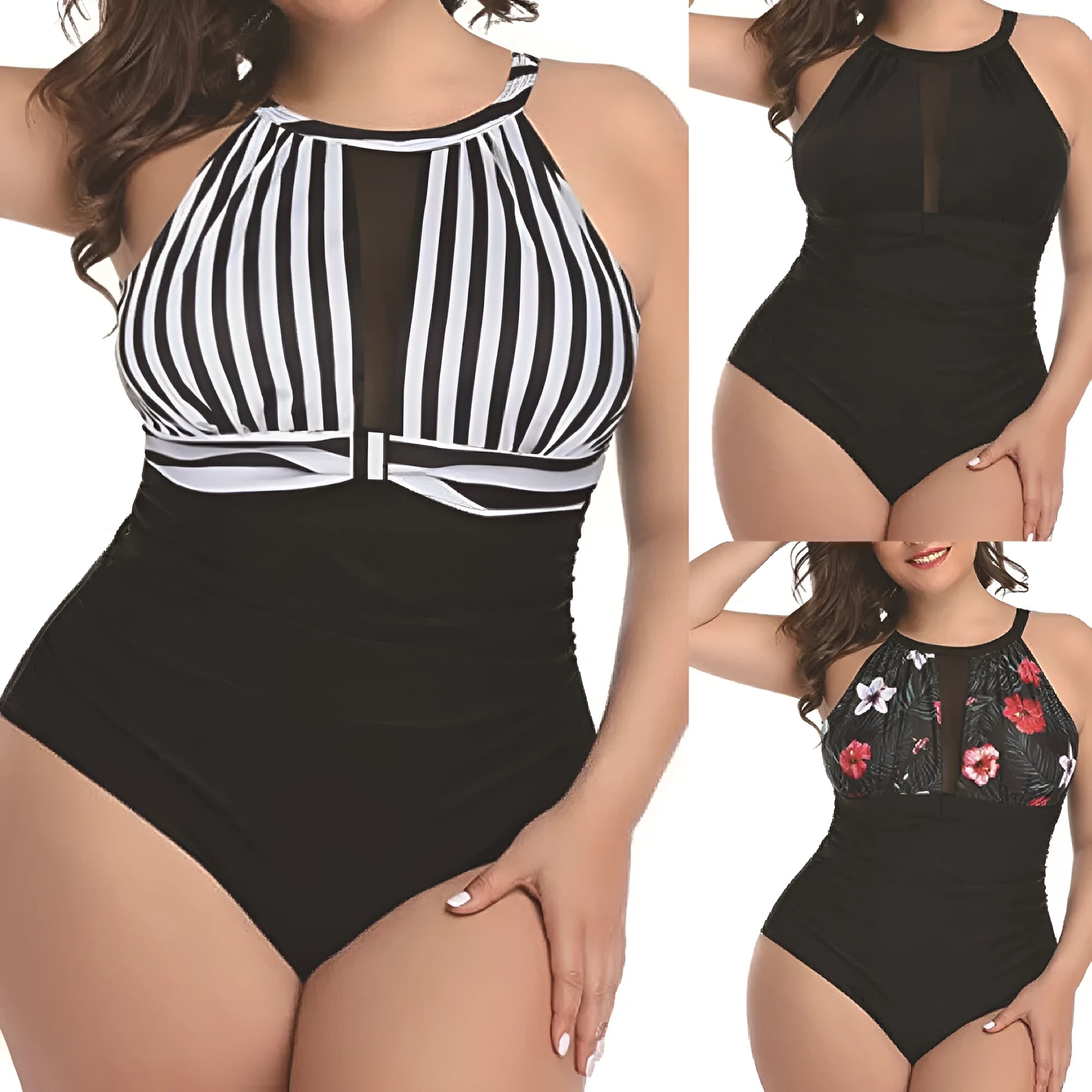 Women's black lace one-piece swimsuit on a hanger showing the front design