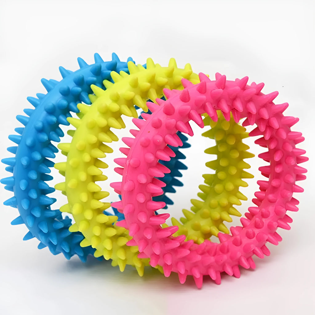 Blue TPR spiky circle ring dog chew toy for dental cleaning and bite training