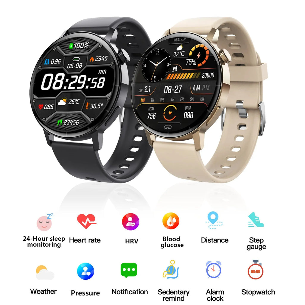 F67S smart watch with blood glucose monitoring on wrist showing touch screen display