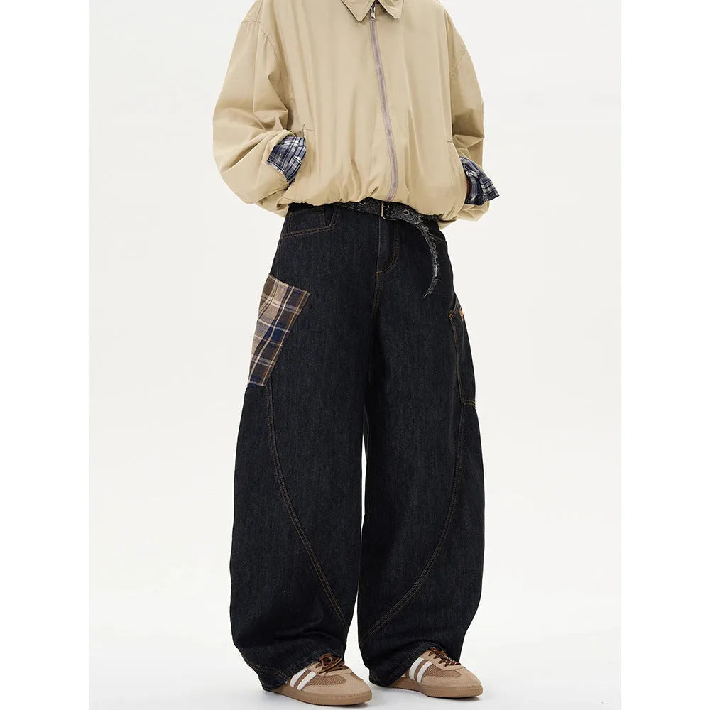 Loose retro casual trousers in coffee plaid and red plaid colours, straight-leg style