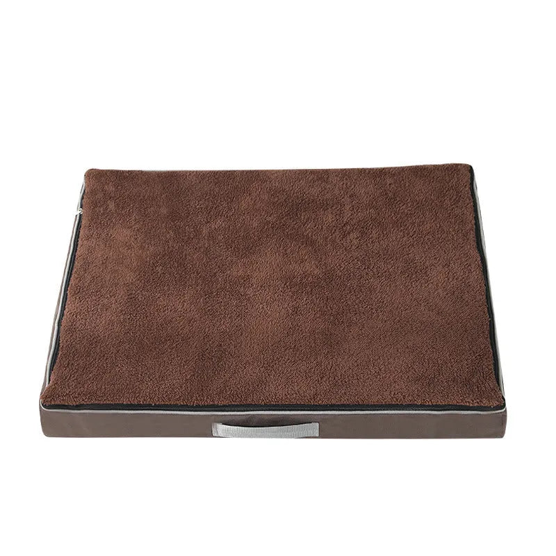Brown removable cover memory sponge dog mat showing size options on a wooden floor.