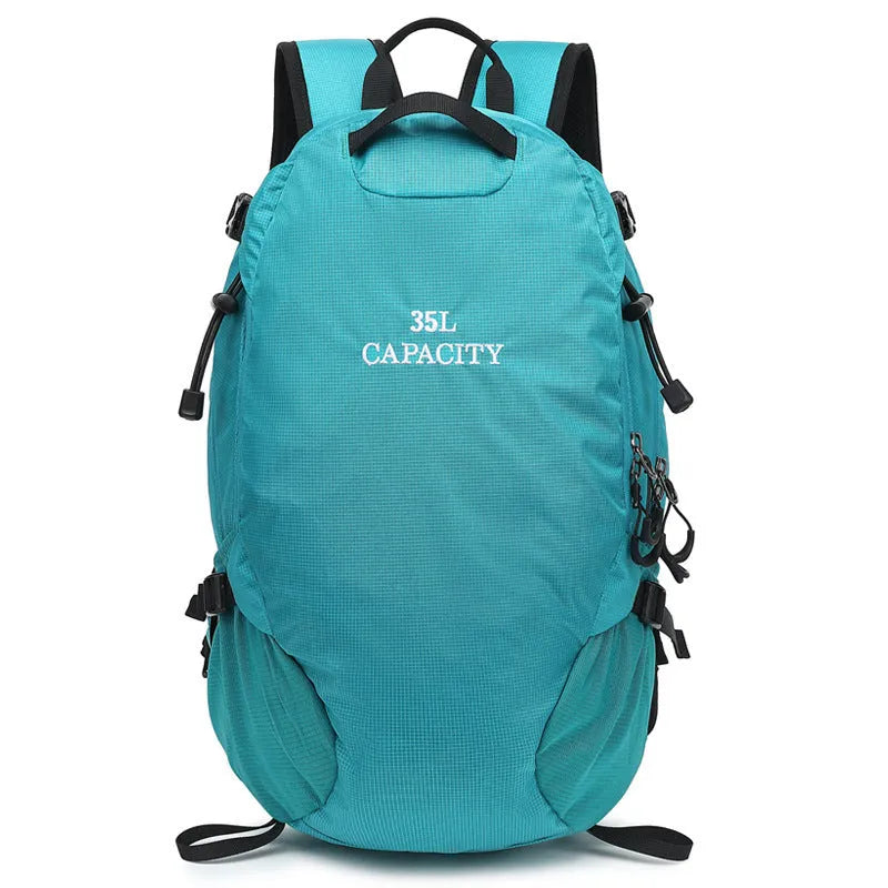 Waterproof Oxford cloth hiking backpack with physiological back plate in black, lake blue, or lemon yellow