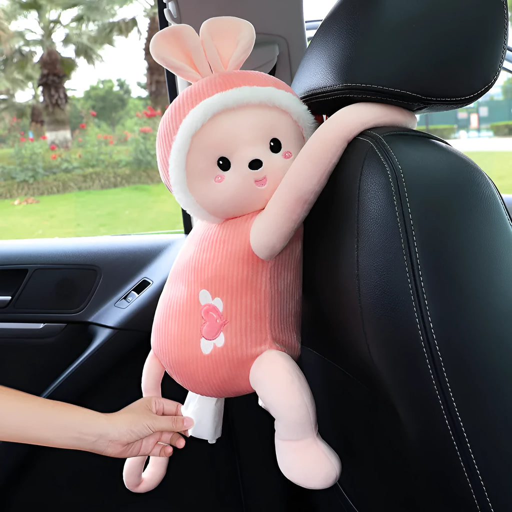 Soft plush car seat back tissue box holder in animal design, showing dimensions 34cm by 15cm.