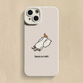 Cute carved cartoon duck design on a black silicone case for an iPhone.