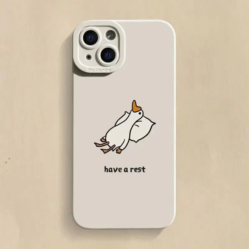 Cute carved cartoon duck design on a black silicone case for an iPhone.