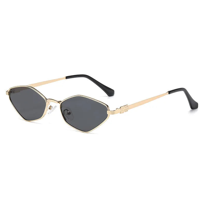 Small metal frame cat eye sunglasses with rhombus design in gold frame with various lens colour options