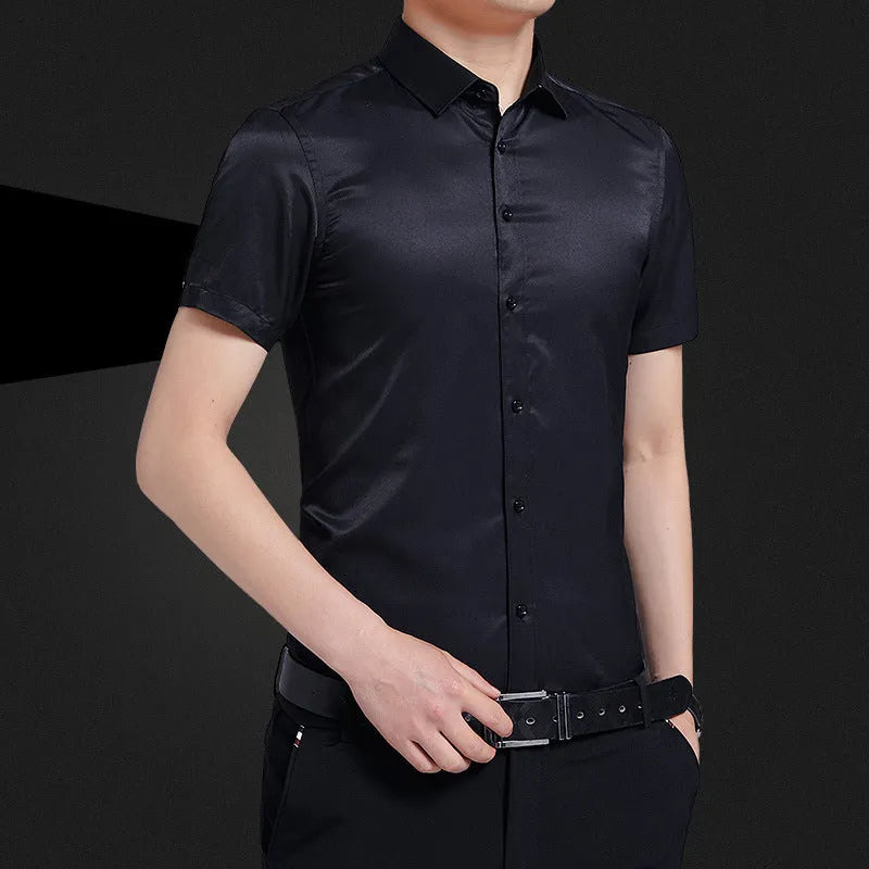 Men's short sleeve non-iron business shirt in cotton blend, plain pattern, sizes M to 5XL, four colours