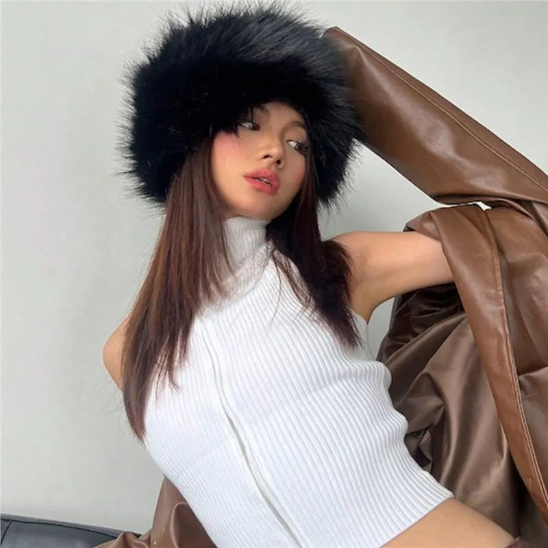 Knitted dome crown winter hat in antique white acrylic fibre with elastic inner band