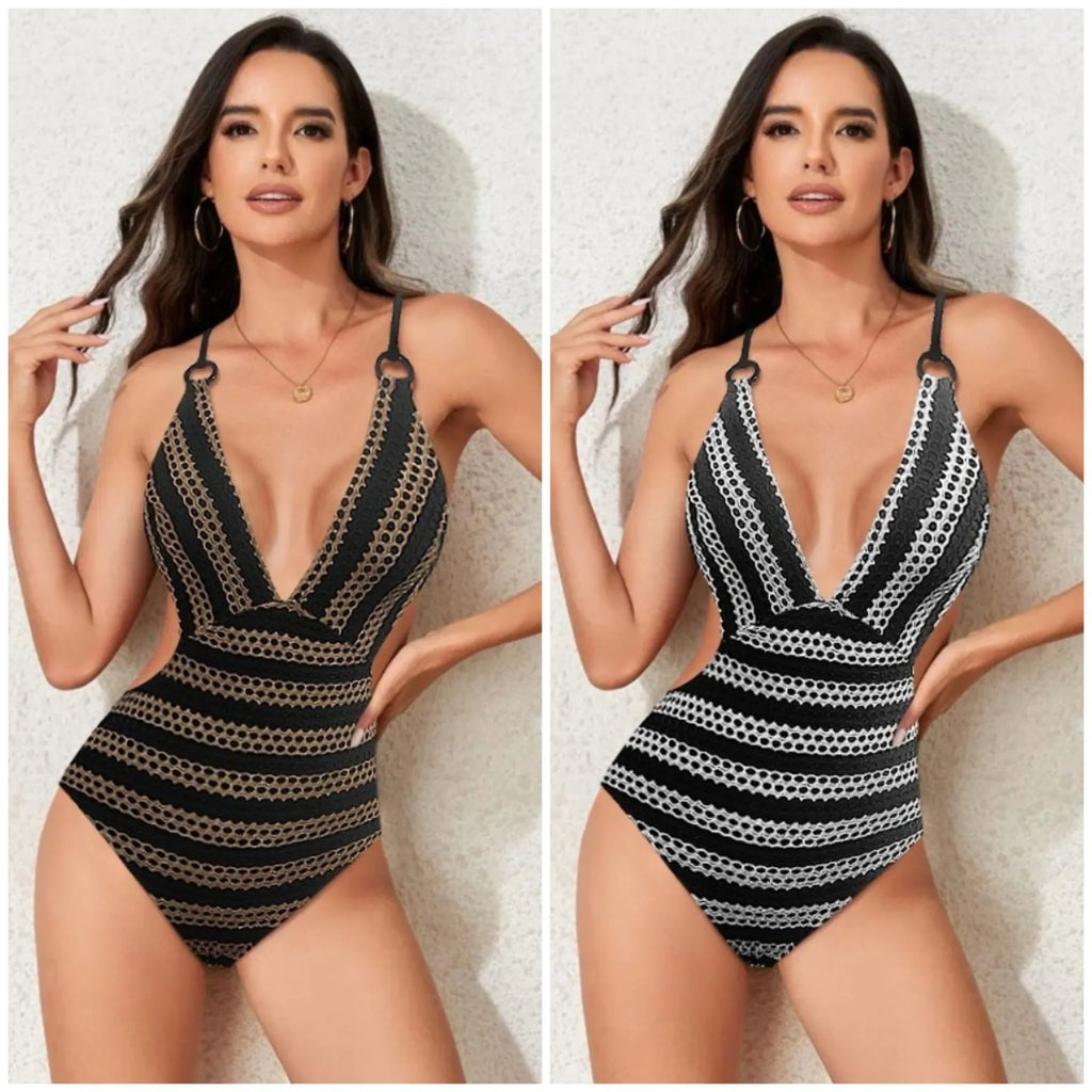 Striped one-piece women's swimsuit in pattern colour 1 and colour 2, sleeveless, polyester fibre fabric