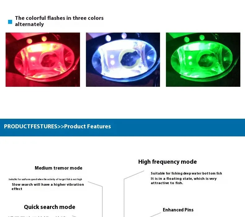 Electronic luminous metal vib fishing lure showing blue body and red body colour options