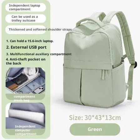 Women's nylon travel computer backpack, 43x30x13cm, green colour with multiple pockets