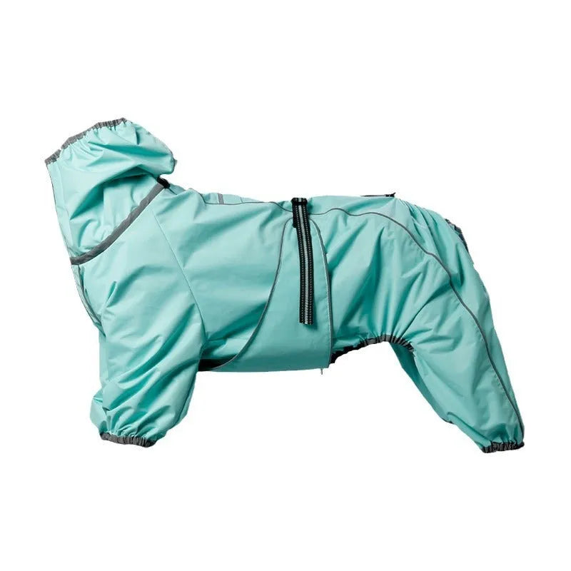 Red dog shell jacket with cotton padding, shown on a model dog.