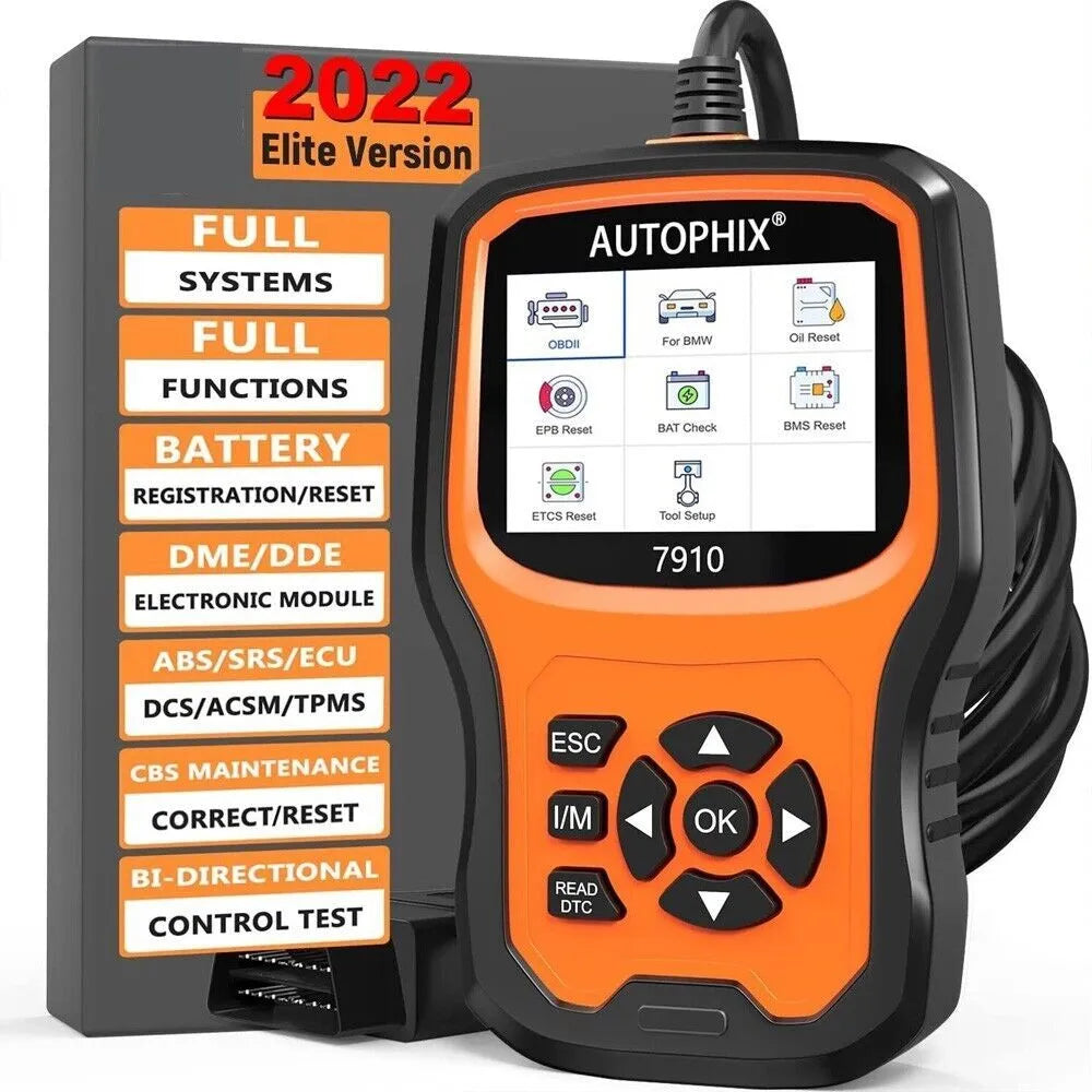 Autophix 7910 automotive diagnostic scanner tool for BMW vehicles with OBD2 connector.