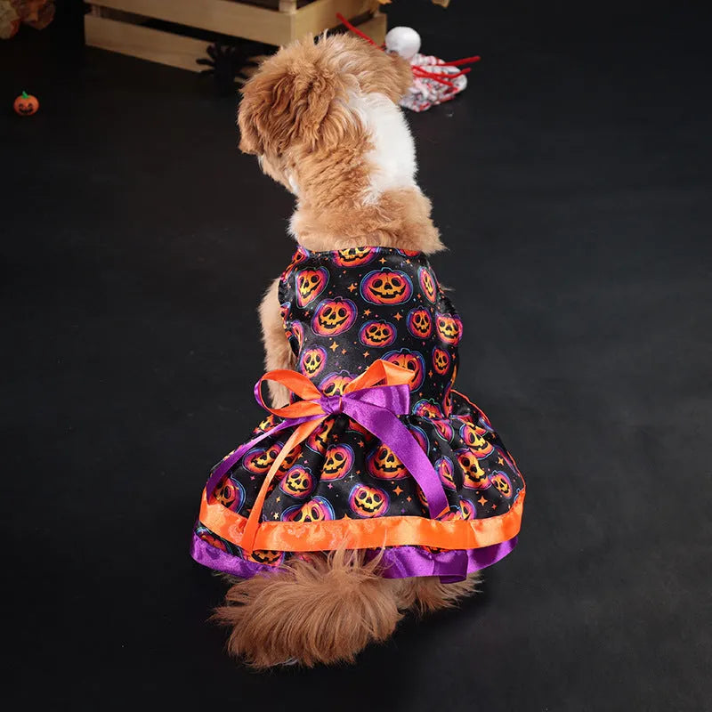 Halloween dog skirt costume in colourful pumpkin print, size medium, on a mannequin.