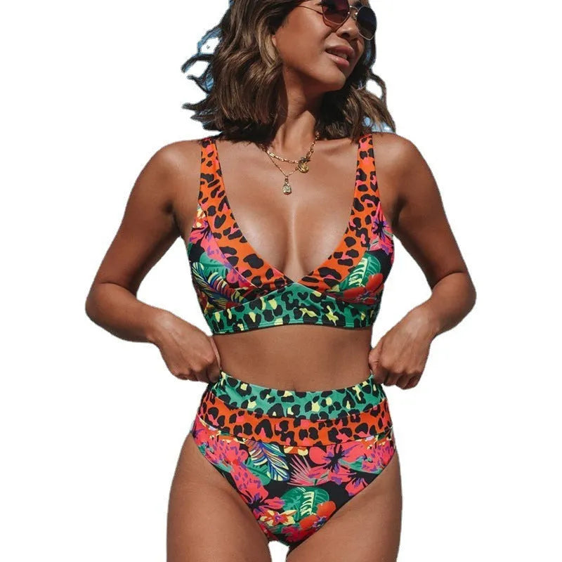 Women's floral print high-waist bikini swimsuit set on a mannequin.
