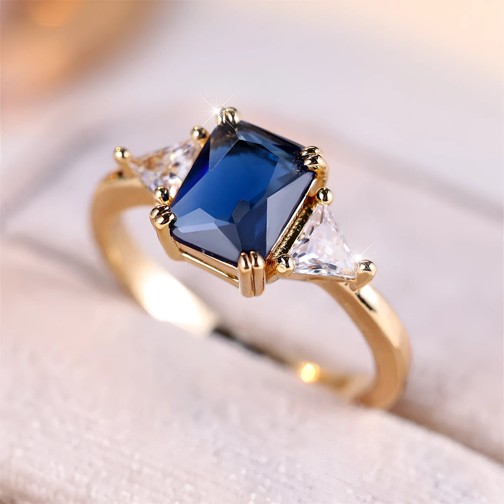 Rectangular gold sapphire blue copper ring for women with geometric design