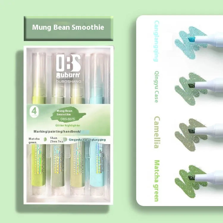 Set of four glitter fluorescent highlighter pens with slanted tips in six colour options including taro puff and mung bean smoothie
