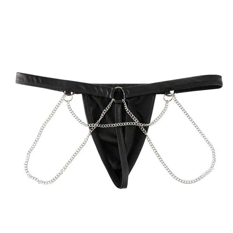Black men's patent leather-look thong underwear with a metallic chain detail on the front.