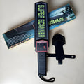 Black handheld metal detector with leather carrying case, 410mm length, for security screening