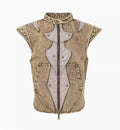 Korean style dark knight pleated denim vest in picture colour on a model.