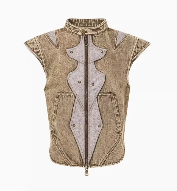 Korean style dark knight pleated denim vest in picture colour on a model.