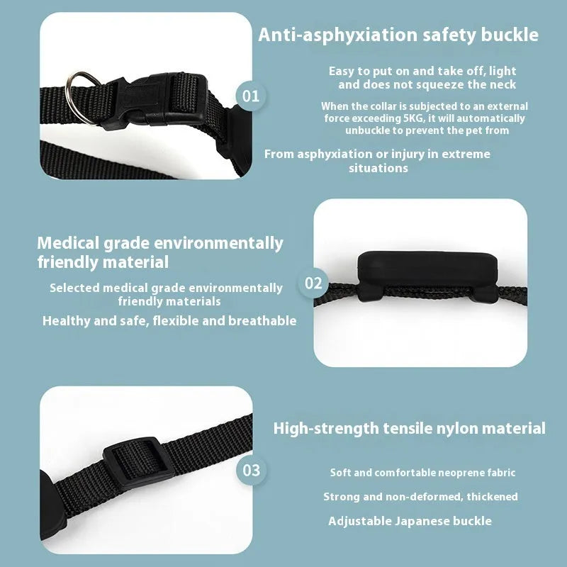 Black adjustable pet collar with integrated Bluetooth tracker for cats and puppies, shown with size adjustment.