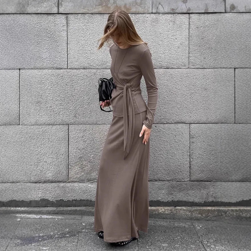 Women's two-piece dress set in khaki with retro crew neck and lace-up front, long sleeves and matching skirt