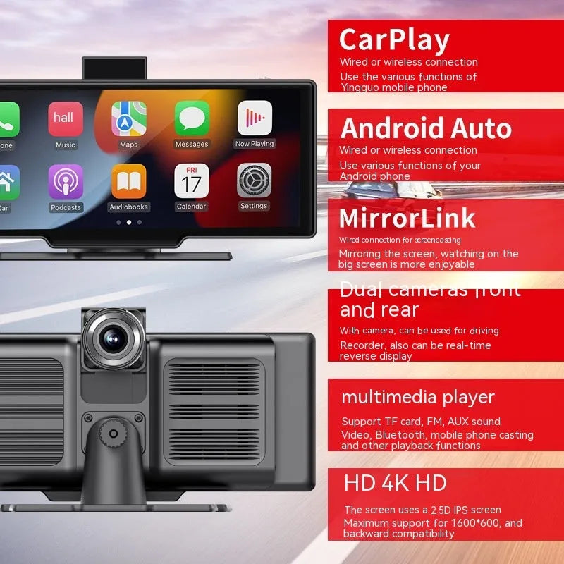 10.26-inch wireless CarPlay car recorder with capacitive touch screen in black plastic housing