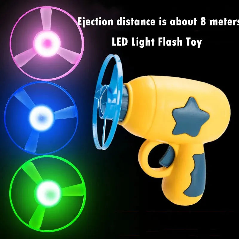 Flying saucer launcher toy set with LED flashing discs and launcher gun in assorted colours
