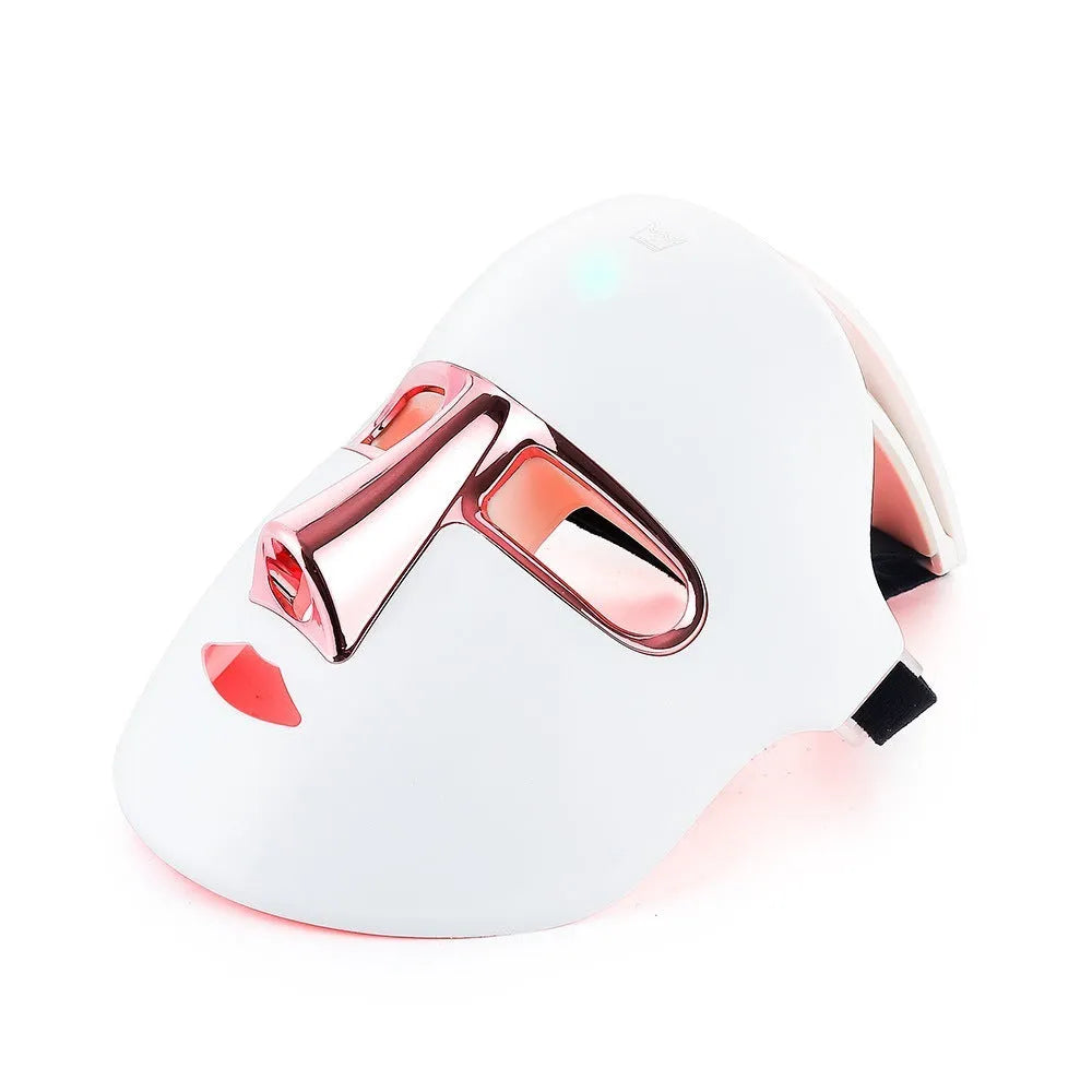 Rose gold or gold LED face mask with seven colour light modes and positive ion function, USB powered, with elastic band.