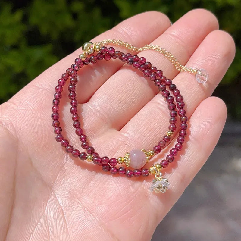 Natural garnet women's bracelet with double ring design and genuine stones
