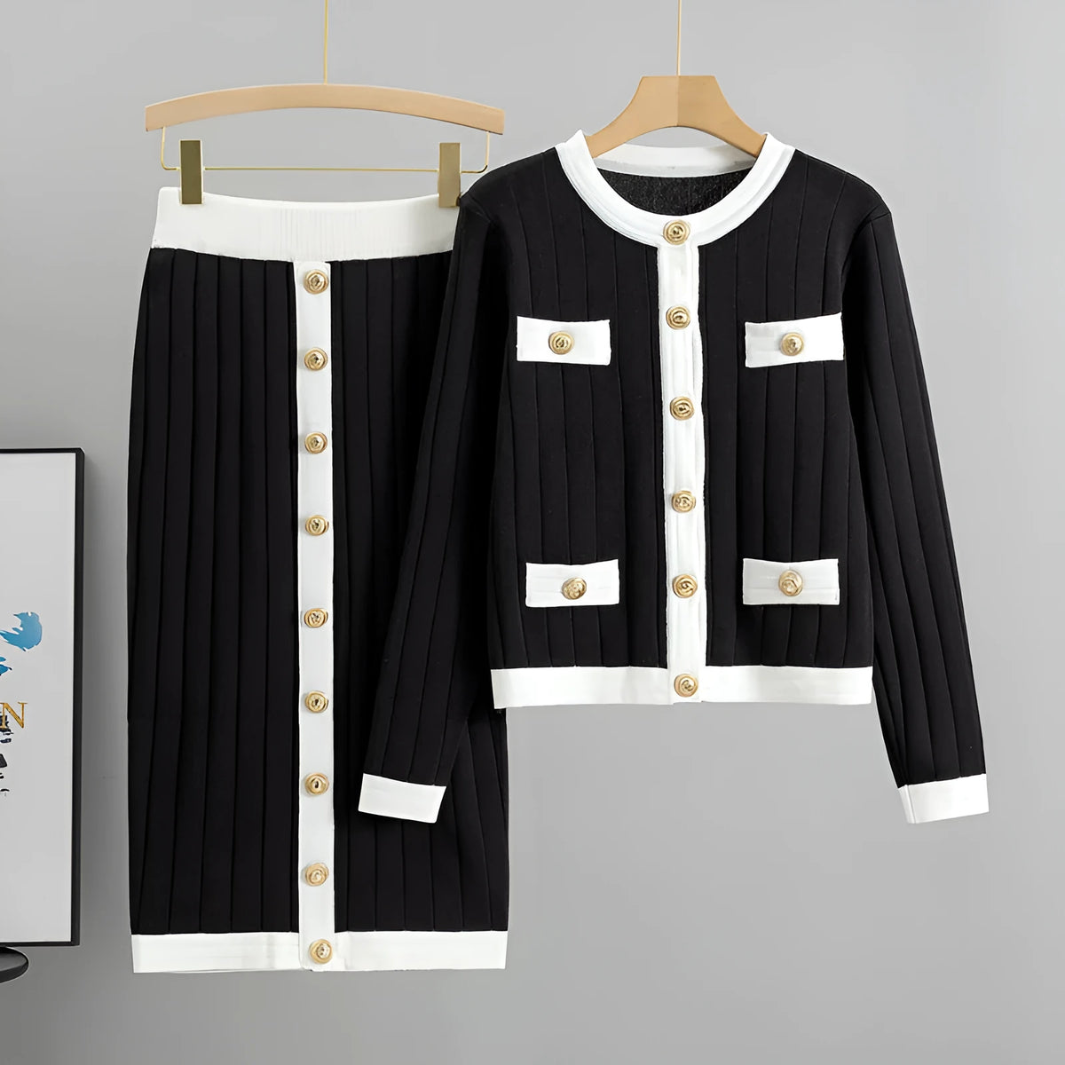 Women's viscose fibre knitted cardigan and skirt two-piece set in black with contrast colour pattern