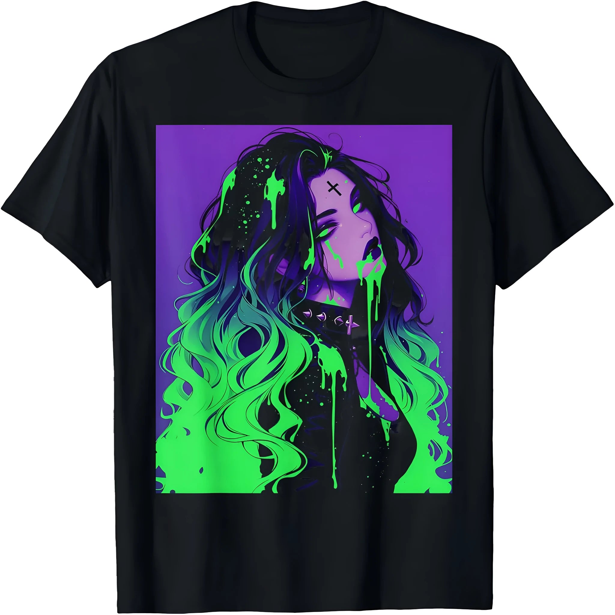 Cotton T Neon Punk T-shirt in black with neon green and purple graphic, loose short sleeve pullover