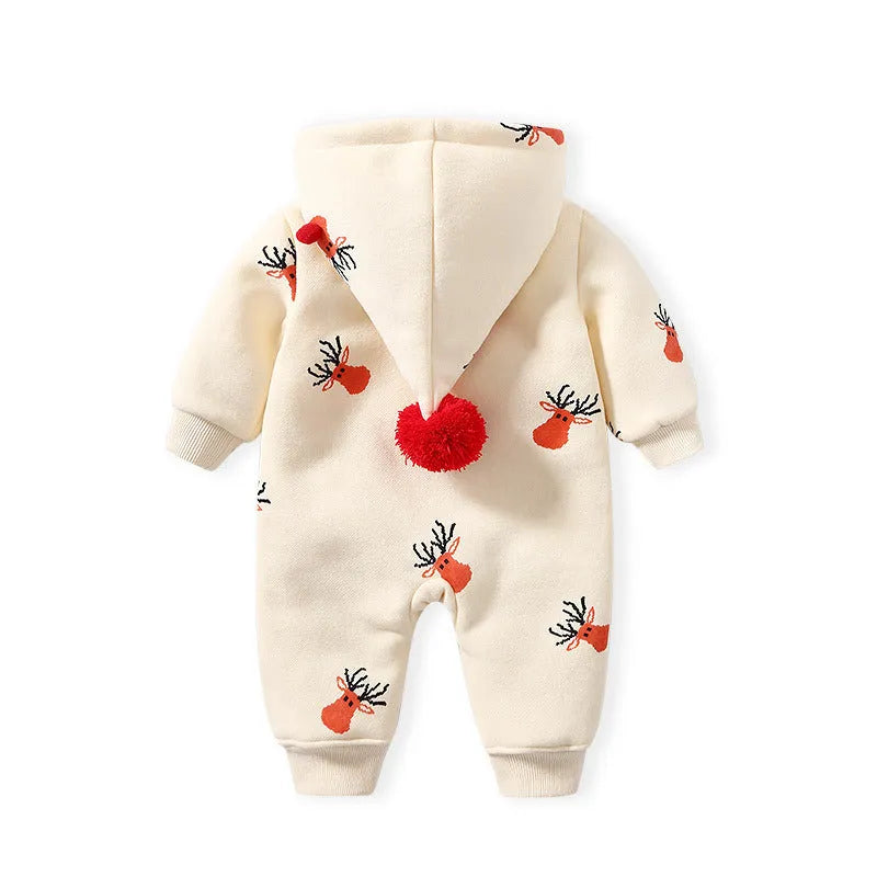Khaki baby crawling suit with Christmas moose pattern, padded cotton construction, long sleeves