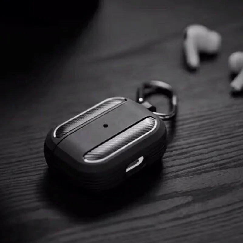 Carbon fibre pattern TPU protective case for AirPods Pro shown in black clamshell style