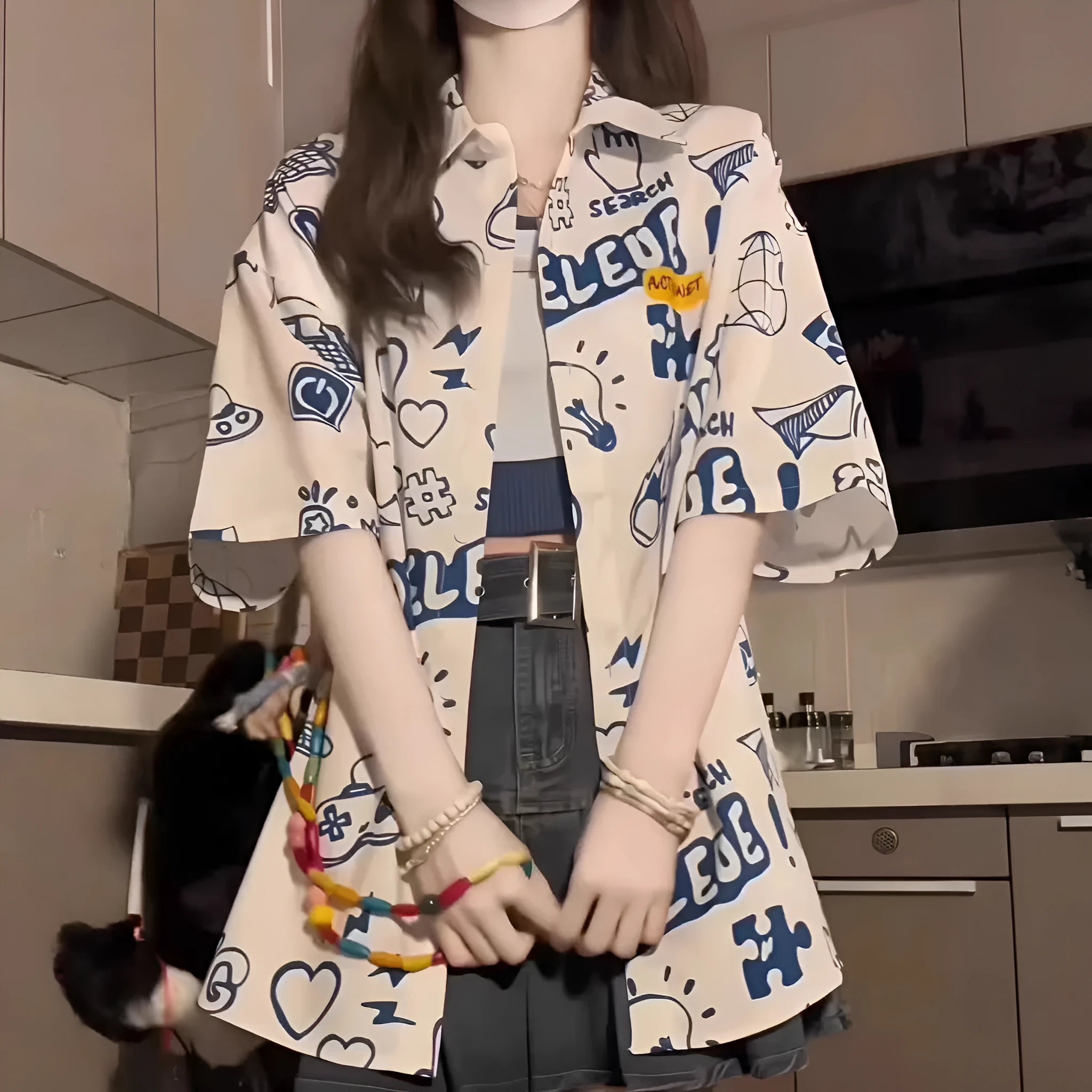 Student loose fit polyester shirt with cartoon animation print in dark blue video game graffiti design